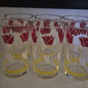 Set of 6 Tulip Patterned Glasses - Red, White, Yellow
